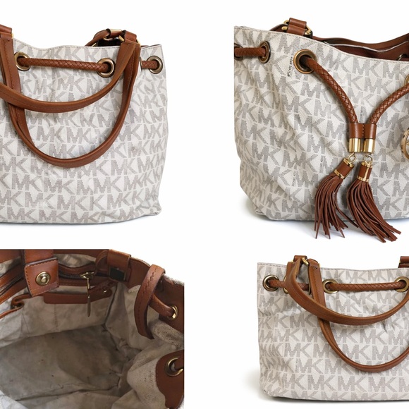 Michael Kors Handbags - Michael Kors Beige Logo Canvas Tote with Brown Leather Trim